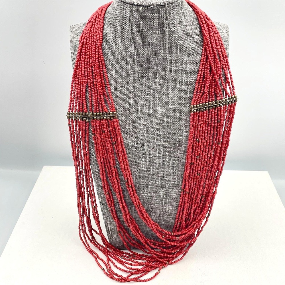 Vintage 90s Multi Strand Red Glass Seed Bead‎ Statement Necklace Boho Estate Y2K